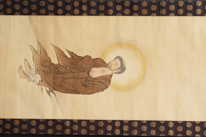 オ*チ様 掛軸 [出山釈迦図]絹本複製画　仏画 絹本　合わせ箱付 5/5結標絹本釋迦出山附供箱XED0408 -掛軸國畫書法山水花鳥人物茶掛絹本