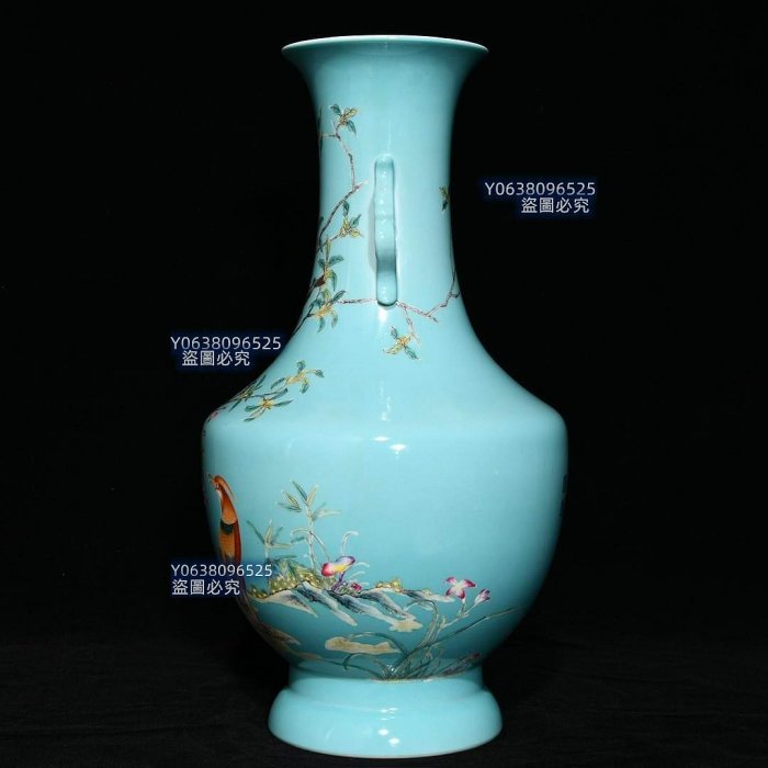 清乾隆松石釉粉彩花鳥紋雙耳瓶，高37cm直徑18.5cm，編號26 青花粉彩