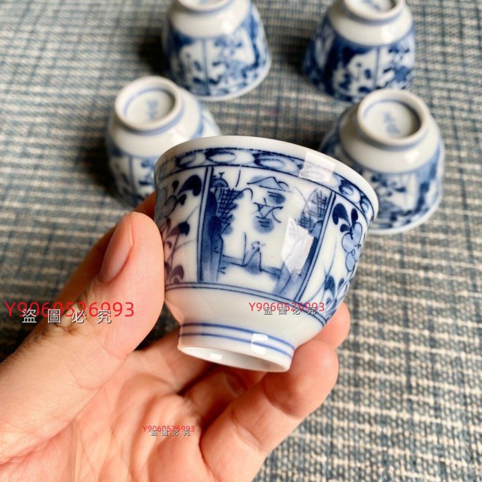 日本美風窯青花染付茶杯酒杯五只青花染付工藝，通山水花卉人物畫片