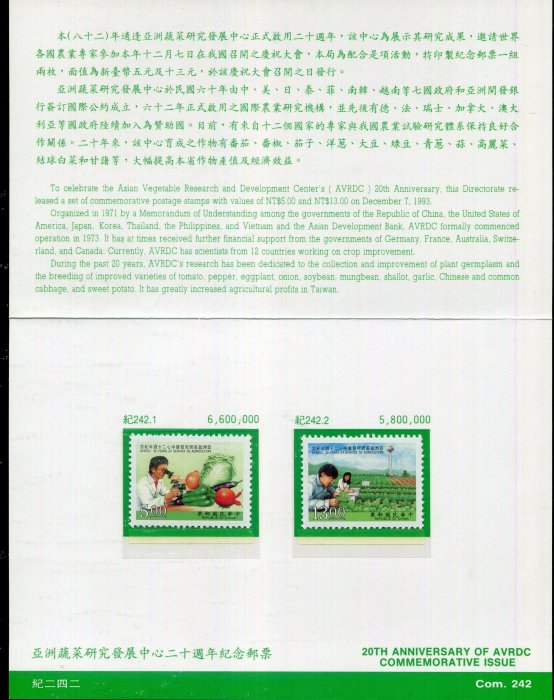 【護票卡~亞洲疏菜研究發展中心成立二十週年紀念郵票】