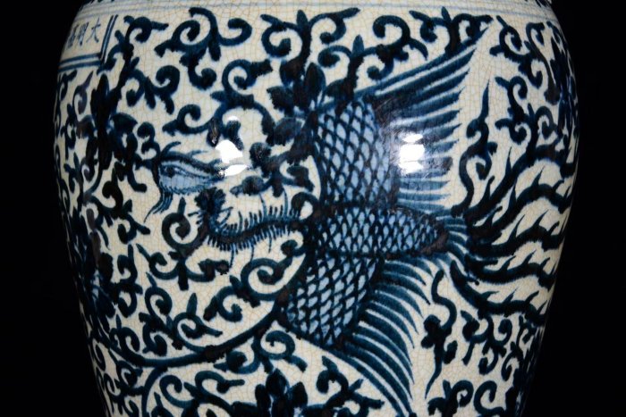 明嘉靖年青花開片鳳紋盤龍梅瓶53*28m 舊藏古玩古董【好運連連】-780