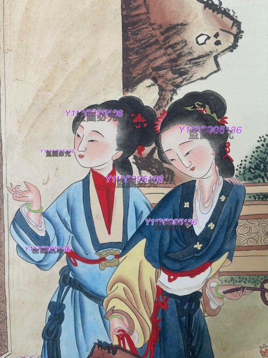 494【仇英】仕女賞花圖四尺中堂純手繪作品裝裱尺寸215*78左右畫芯尺寸