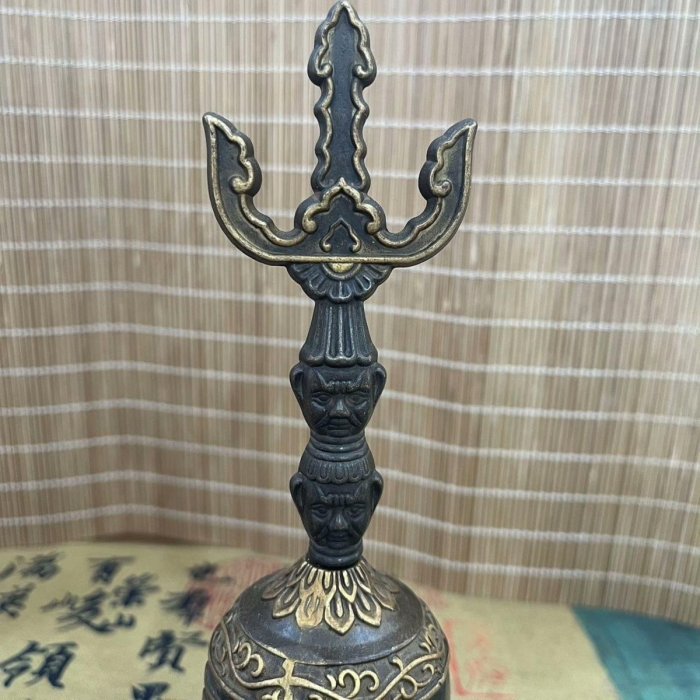 道家純銅天蓬鈴三清法器三叉鈴鐺手搖銅鈴太極法鈴黑色銅身金色花紋做工