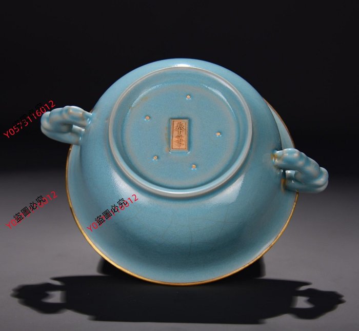 舊藏宋汝窯天藍釉包金口雙耳尊尺寸：7×1920xq29727古玩收藏擺件| Yahoo拍賣
