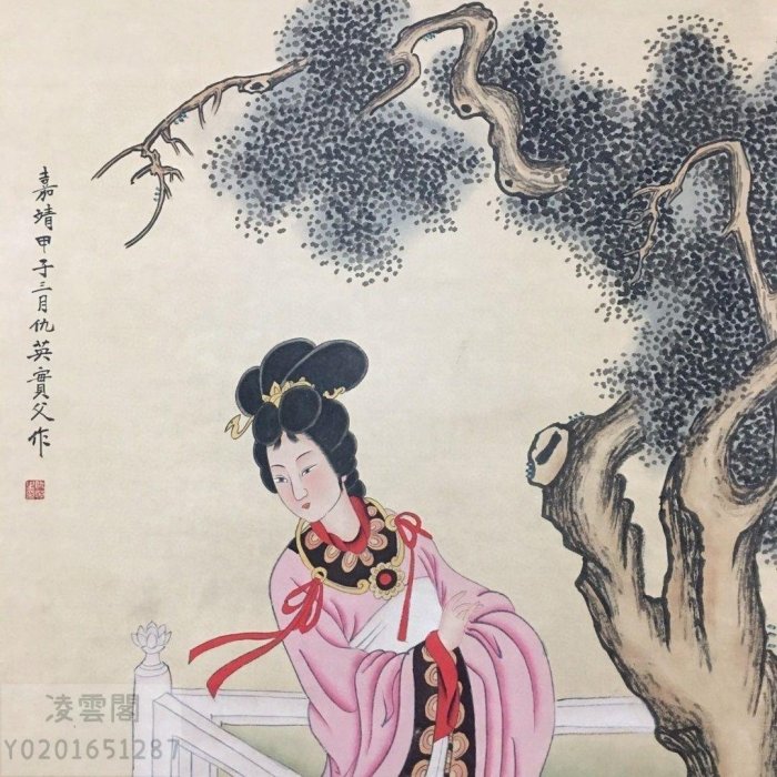 中国古美術・仕女図三尺画芯・純手描き・工筆・彩色画・仇英印款・書道・宣紙・带水印 仇英(款) 仕女｜Attributed to Qiu Ying, Ladies | Inkspiration