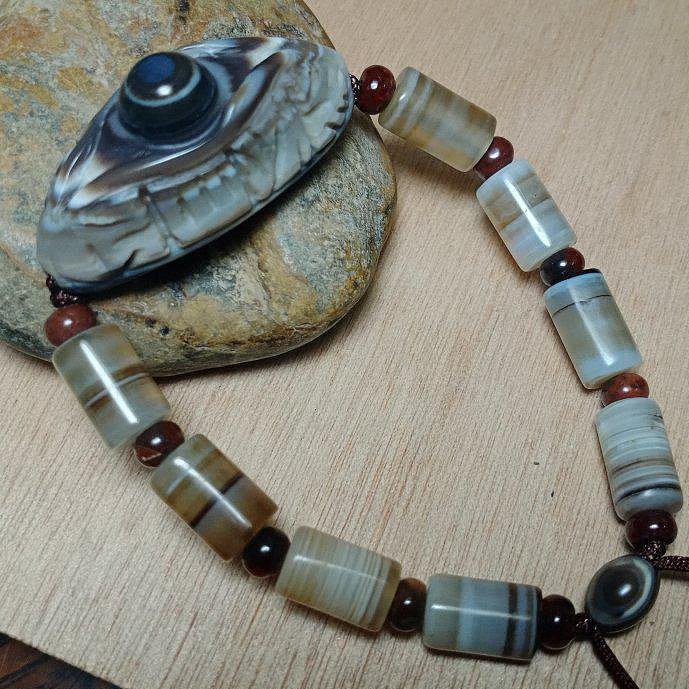 天然西藏九眼頁岩天珠礦《天眼珠+八字心咒》竹節管珠伸縮珠鍊MA-15稀有