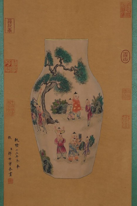 可議價H350---舊藏清乾隆年制粉彩嬰戲圖描金六方瓶郎世寧-絹本字畫畫心