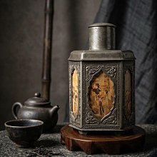早期錫罐茶倉老件-顏永利真料點銅玻璃仕女圖六角茶倉（茶葉罐/錫罐