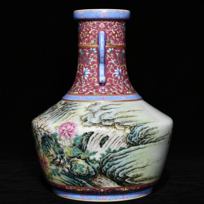 可議價清乾隆粉彩花鳥紋雙耳瓶，高26cm直徑20cm，編號3817634官窯、民