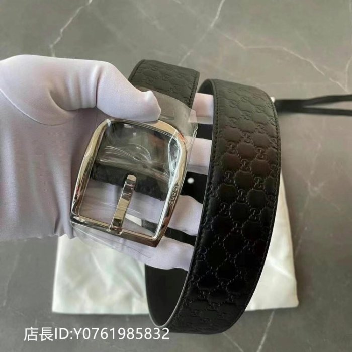 二手正品GUCCI GG 黑色牛皮壓紋皮帶 滿版logo 雙G 銀扣 男生皮帶 4公分寬