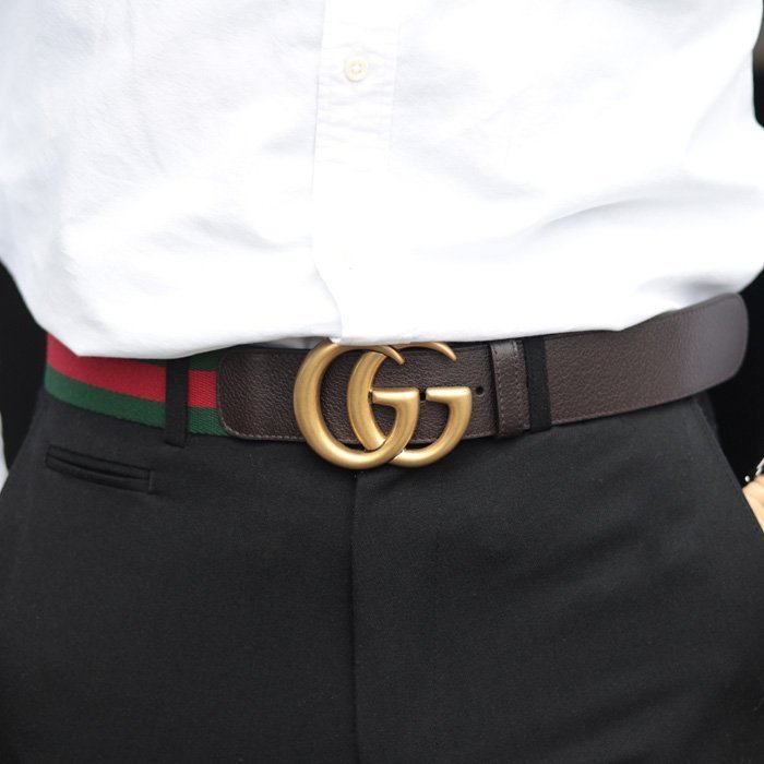 【EZ兔購】~正品GUCCI 仿舊金色 金屬 雙G LOGO 腰帶 皮帶 409416 義大利製 寬4CM ~ 現貨90 100