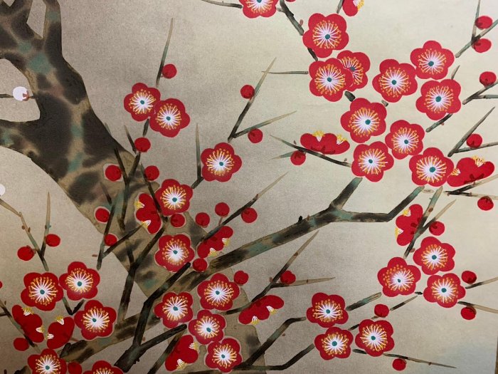 紅白梅花圖 藏舊尋寶屋】老日本耕一作落款「紅白梅花與鶯圖」畫軸/掛軸《絹本·手繪