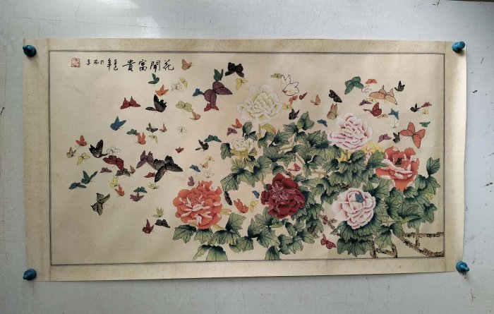 古董 書畫 肉筆 花蝶圖 嚴選八九年代明華絹本工筆畫作，蝴蝶與胡花卉精美圖樣，鏡心裝裱古雅