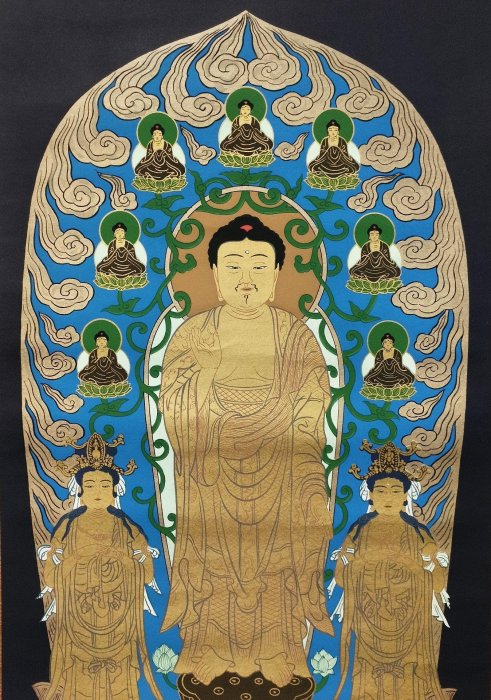 嚴選日本回流古佛畫書畫掛軸，阿彌陀三尊慈父觀音大勢至左右脅侍，金邊