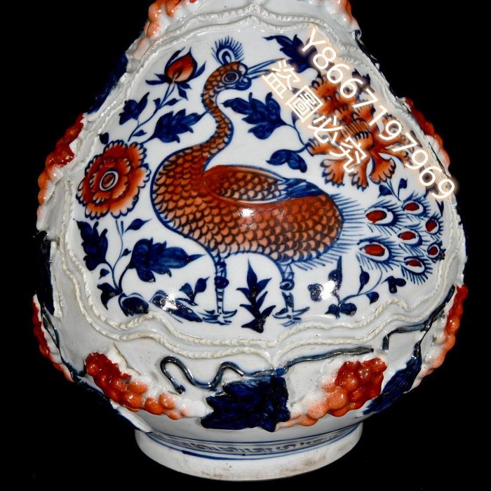 元白滸孤窯青花礬紅花鳥紋玉壺春瓶，34.5×21400190 瓷器青花汝窯【南小