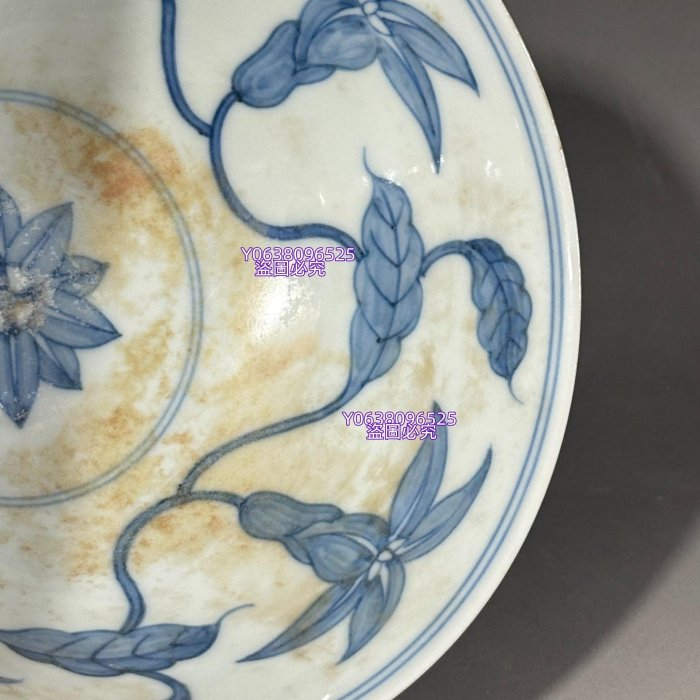 中国古玩 大明成化 青花秋葵紋 金 口碗 碗 明代成化