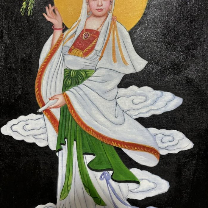手繪水彩油畫244，陳逸飛觀音像，尺寸70x100 cm左右藏品老貨收藏【二手
