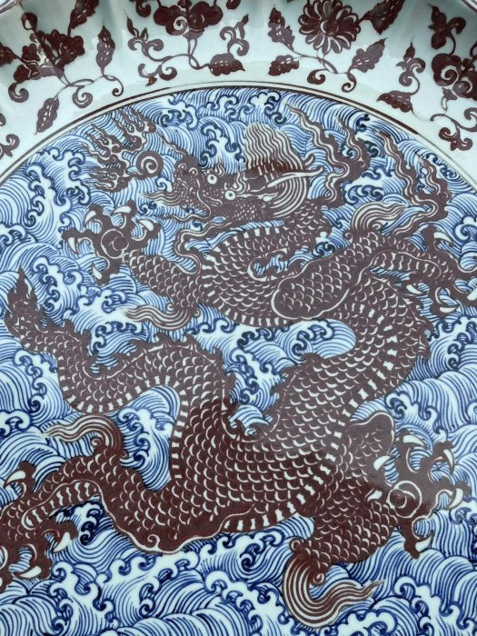 明宣德青花釉里紅海水龍紋菱口折沿盤9×89厘米老物件藝術文玩古玩收藏