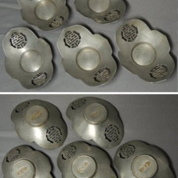 古錫 肖天泰 在銘 茶托 五客 唐物 煎茶道具 煎茶器具】日本回流老件清代肖天泰銘唐物古錫茶托五客囍字簍空良品
