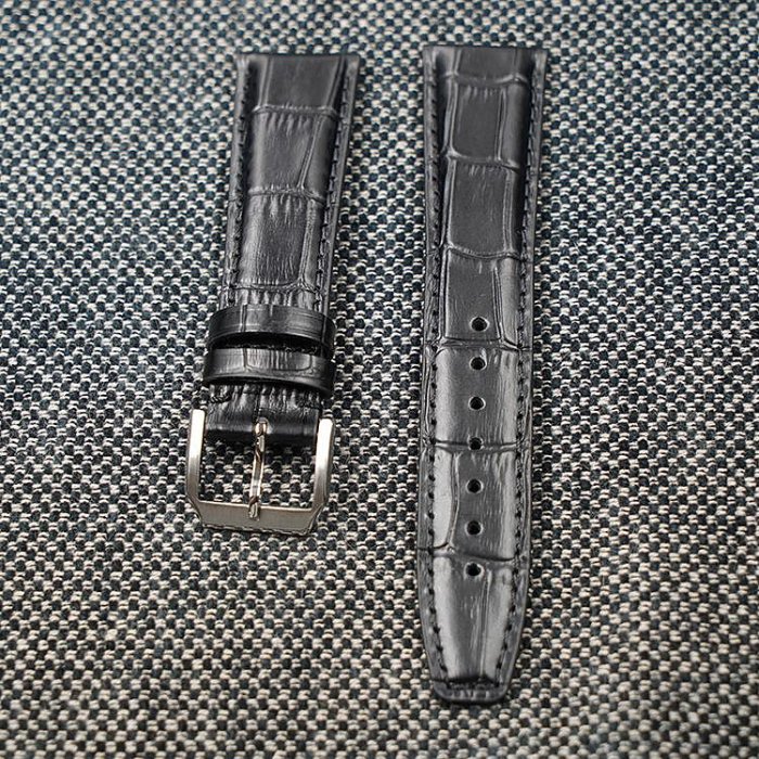 代用錶帶 手錶帶 20 21 22mm黑色竹節紋頭層小牛皮鱷魚壓紋針扣男款錶帶 萬國代用