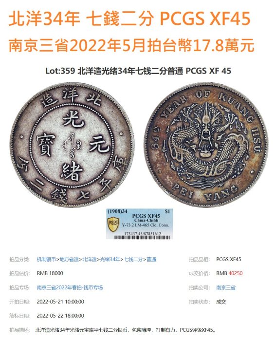 北洋34年大字凹眼龍連雲版PCGS XF45 百年老包漿[認證編號42057799