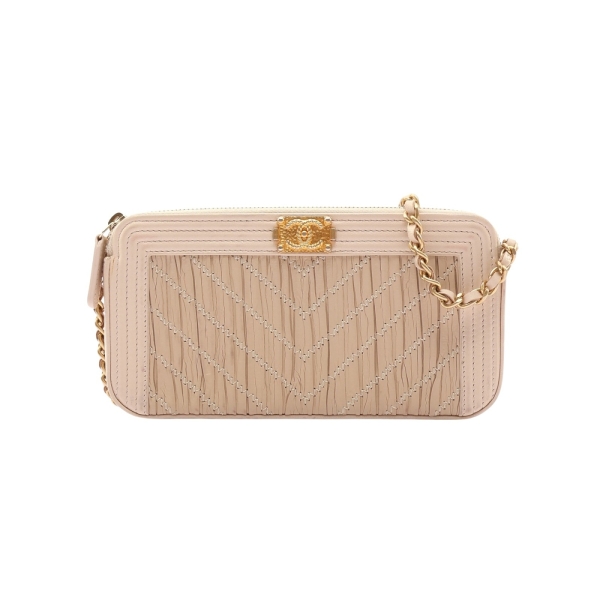 CHANEL 香奈兒 Boy Double Zip Clutch 肩背包 米色 牛皮 金扣 染色 【二手名牌BRAND OFF】
