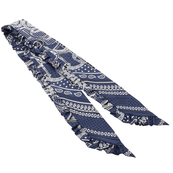 HERMES 愛馬仕 藍色 絲綢 Eperon d Or Bandana 荷葉邊 Twilly 絲巾 【二手名牌BRAND OFF】