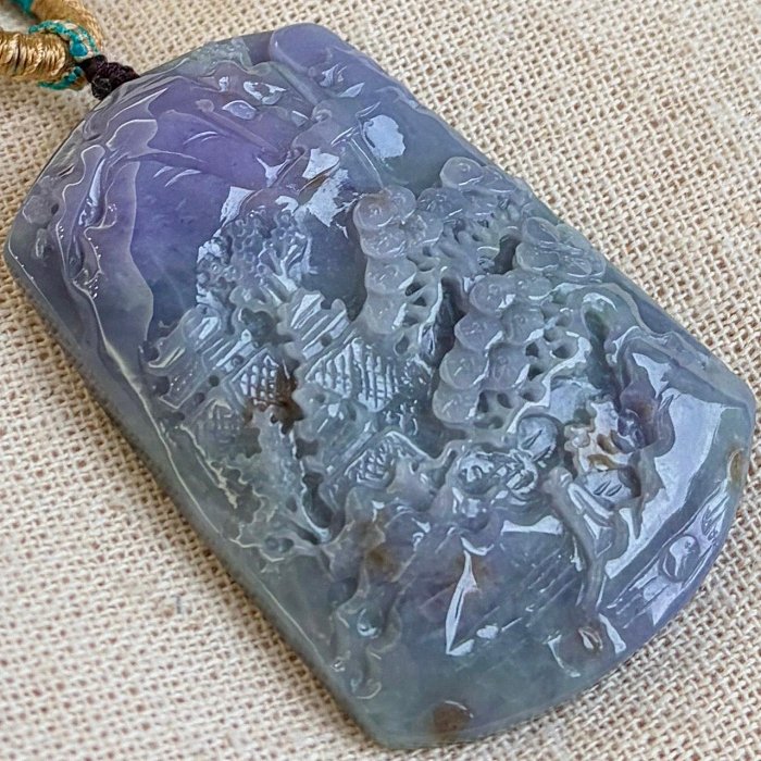 ＊頂園翡翠＊《冰糯種艷紫羅蘭蘋果綠淡陽綠灑金三彩翡翠「山水」緬甸玉雕墜》保證A貨  一元起標