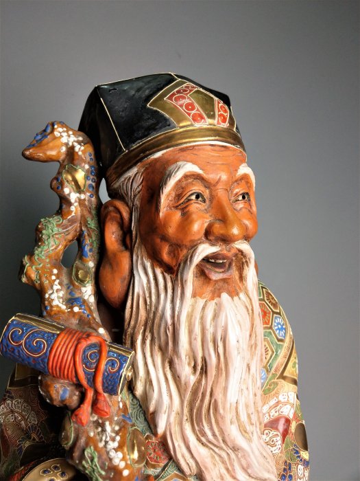 日本古民藝/色繪金襴手一山作，九谷燒大壽翁高53公分/七福神/壽老人/古