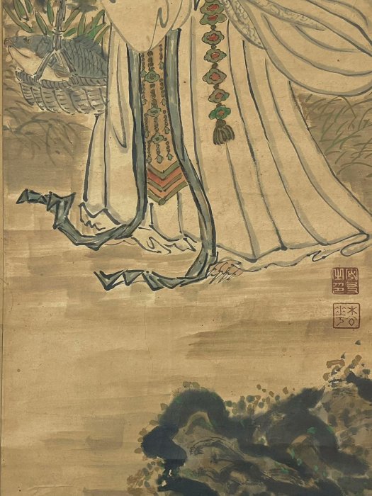 清代無款古筆魚籃觀音像紙本立軸巨老手繪佛事掛畫實木裝裱畫芯85x36cm