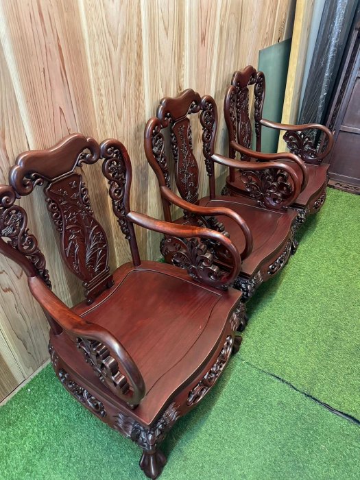 紅木 花梨木 雕刻龍椅 虎腳椅五件組/太師椅/原木椅/戰國椅/木沙發/實木椅/木椅組/客廳沙發A6857【晶選二手傢俱】