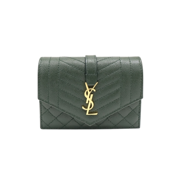 SAINT LAURENT YSL 聖羅蘭 綠色 牛皮 扣式卡片零錢包 651027 【二手名牌BRAND OFF】
