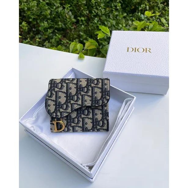 莉莉二手 DIOR 迪奧 SADDLE LOTUS 錢包 三折短夾藍色 Dior Oblique 提花 零錢包