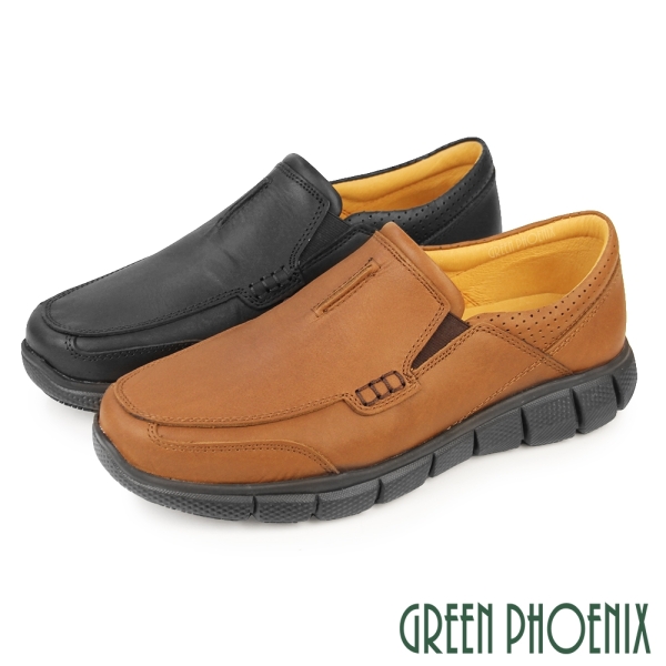 男 休閒鞋 休閒皮鞋 懶人鞋 全真皮 油蠟牛皮 厚底 吸震減壓 臺灣製【GREEN PHOENIX 波兒德】T29-13856