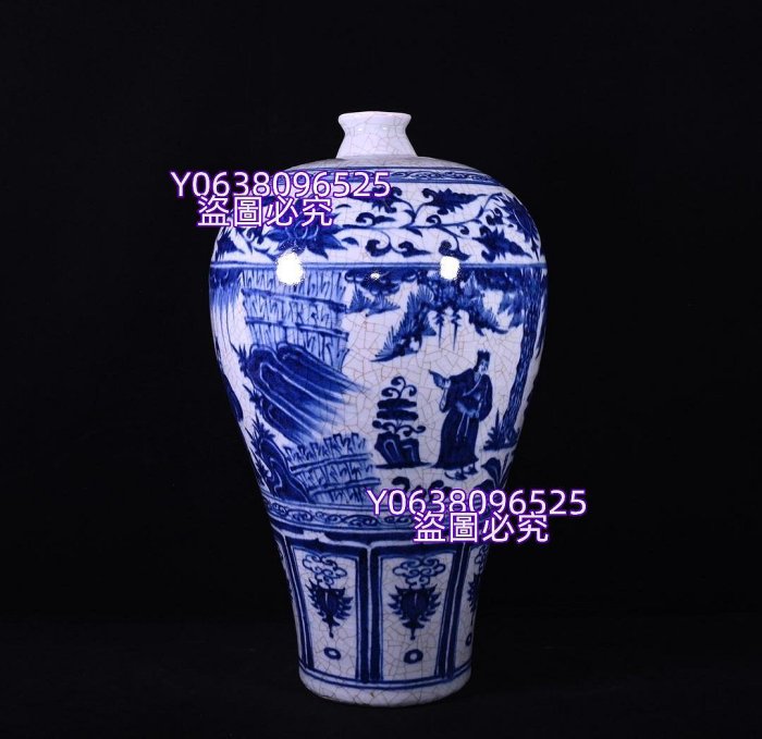 元青花開片三顧茅廬人物故事紋梅瓶，高43×26厘米1000641 琺瑯彩青花