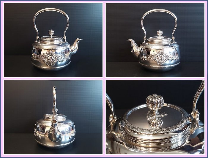 勇福堂》】日本茶道具－純光堂製【純銀薔薇圖騰紋湯沸（銀壺）】共箱