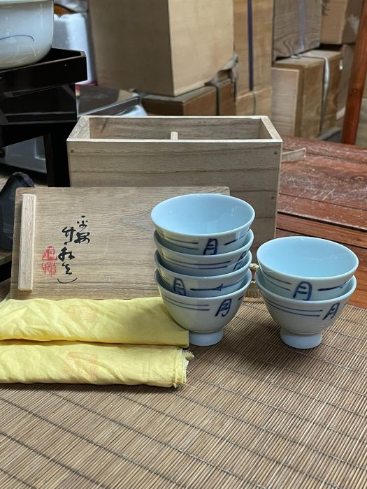 三代平安竹泉青花套杯六客三浦竹泉茶杯茶碗套杯六客主人杯初代竹軒青花