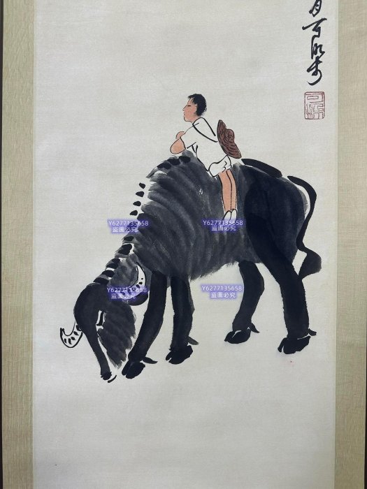04【李可染】牧牛圖，精品純手繪四屏，裝裱尺寸:200*41cm ，畫芯尺寸