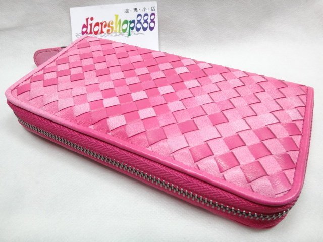 ＊迪奧小店＊BONNIE立體編織～羊皮拉鍊長夾~真皮錢包~菱格時尚~漸層粉~發燒特價