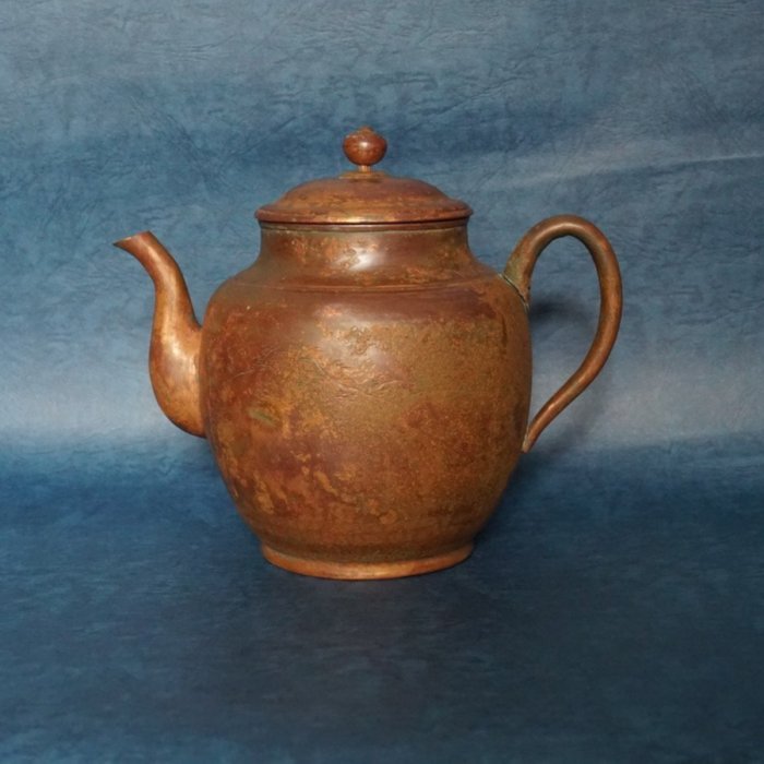 山川堂（造）山水彫 銅製 口蓋付銅湯沸 水注 銅瓶 古銅