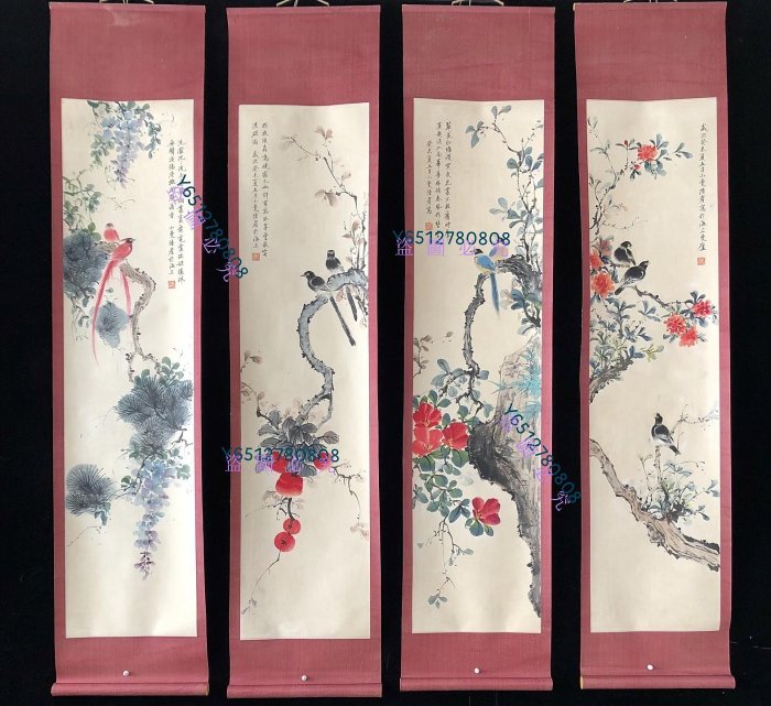 編號58【陸小曼】花鳥，純手繪四條屏，260一套裱好尺寸高x寬180*50cm