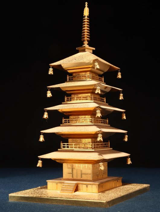 金色 三重塔風 置物 約９５cm 8/24結標日本鍍金五重塔開運置物ADH0704 -置物干支獸首面具風鈴根雕