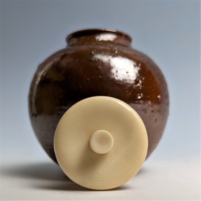日本古美術/備前燒木村陶峰文琳茶入，共箱共布套/茶罐/茶道具≡≡ 溯源