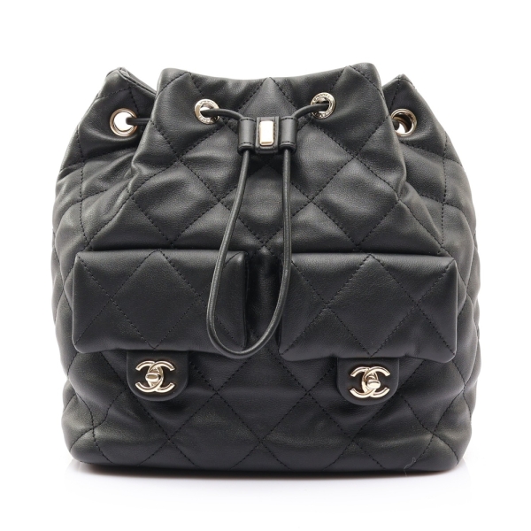 CHANEL 香奈兒 黑色 菱格紋 羊皮 Two Pocket Drawstring 後背包 AS4342 【二手名牌BRAND OFF】