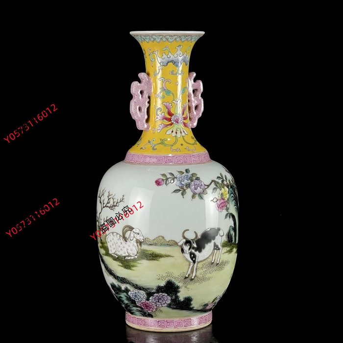 可議價清乾隆粉彩三陽開泰花卉紋雙耳瓶。高32*15。DJ926@@5614905古玩