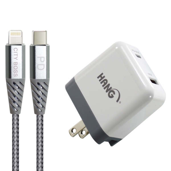 HANG usb-C/PD+QC4.0/3.0 雙孔快速充電+抗彎折鋁合金PD 60W Type-C To Lightning 快充線-白銀組 / 黑組