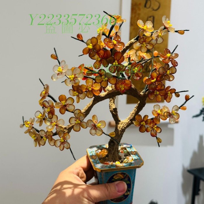 可議價】小精品景泰藍玉石盆景全紅瑪瑙梅花做工精美【尋秦記】二手