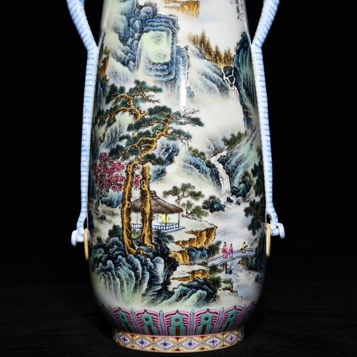 清時代 乾隆年製 粉彩 五彩 寿桃紋 象耳尊 37cm 花瓶 茶具 酒器 古