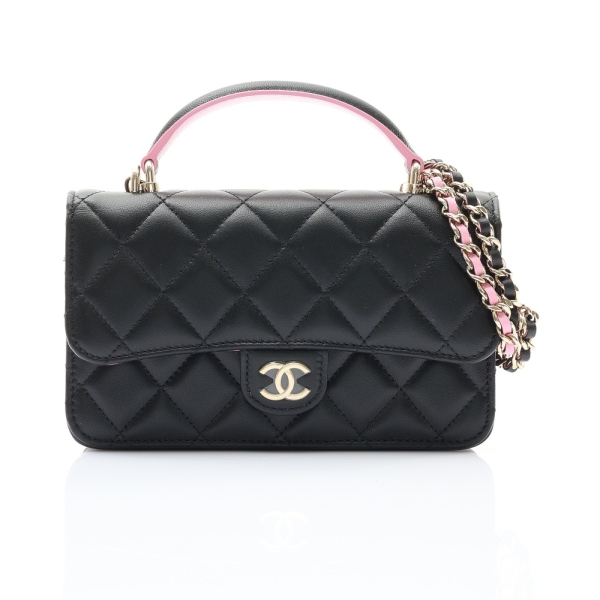 CHANEL 香奈兒 Chain Top Handle 肩背包 黑/粉色 菱格紋 羊皮 金扣 AP3226 【二手名牌BRAND OFF】