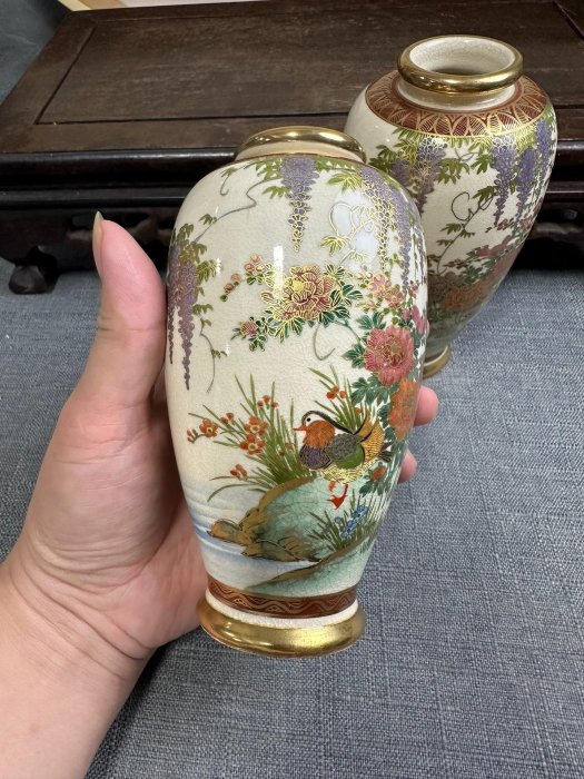日本回流薩摩燒神戶薩摩湊光金彩花鳥紋花瓶花入擺件品牌：神戶薩摩湊光